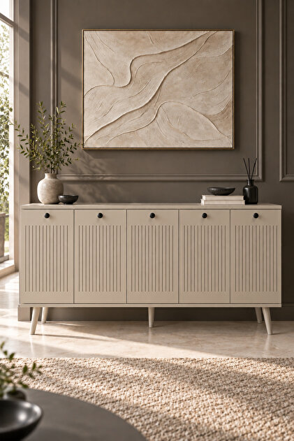 Melura 180 Cm 5 Kapaklı Kumtaşı Konsol %100 MDF Lake Boyalı Ahşap Ayaklı