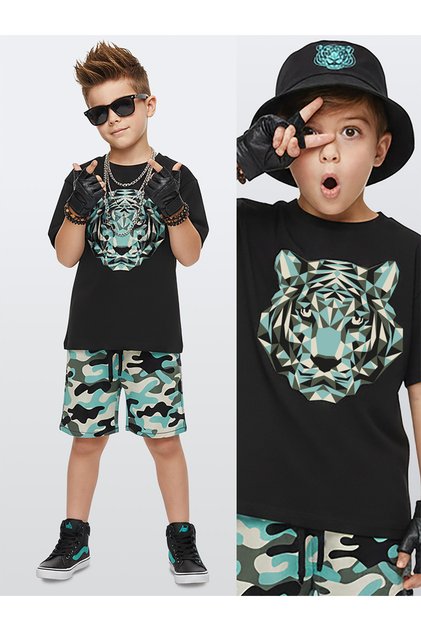 Set pentru băieți cu imprimeu tigru, tricou și pantaloni scurți din bumbac 100%, set de vară