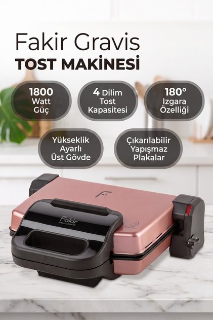 Gravis Tost ve Izgara Makinesi 4 Dilim 1800W 180 Derece Açılır Gövde - Rose