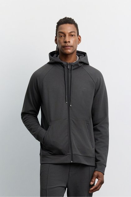 Men's Anthracite Hooded Collar Kangru Pocket Easy-Iron Interlock Regular Fit Sweatshirt A62Y1339