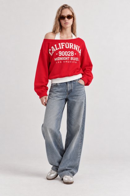 2268 Women's Athlete Detailed Boat Neck Printed Sweatshirt Red