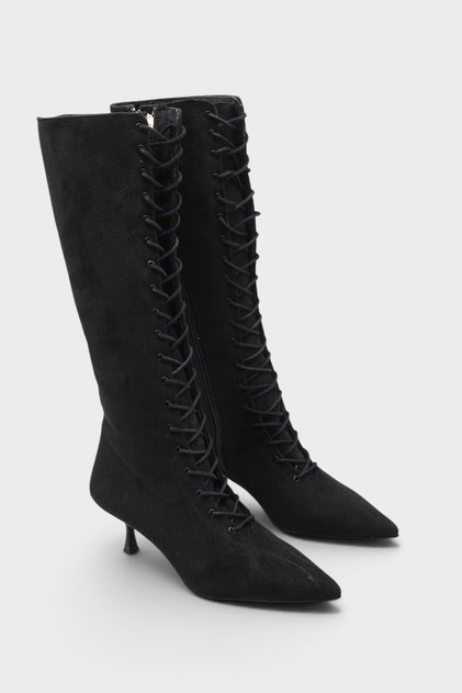 Suzanne Pointed Toe Lace-Up Side Zipper Stylish Women's Boots with Medium Heel
