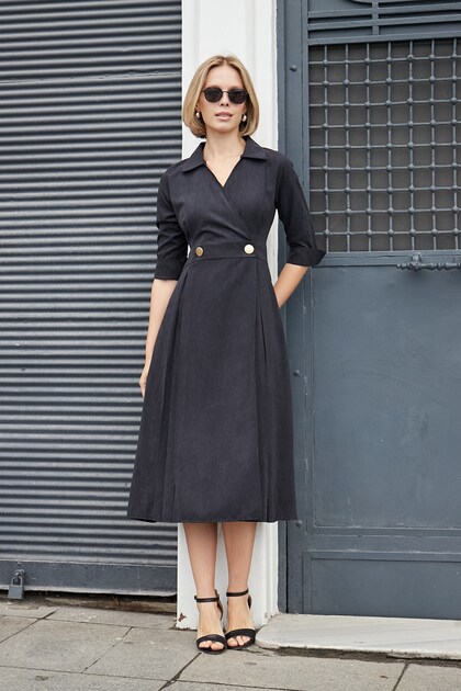 Women's Crush Cupra Anvelop Double Breasted Pleated Capri Sleeve Dress-Black
