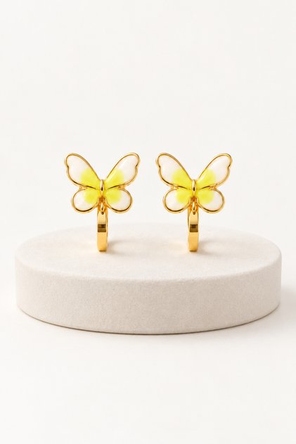 Butterfly Figured Holeless Ear Clip Earrings – Pink Enamel Gold Color Women's Ear Cuff Earrings (1 Pair)