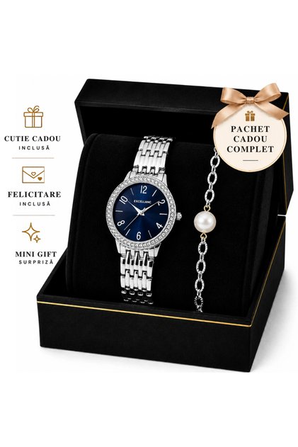Set Cadou Dama Ceas Argintiu Cadran Albastru si Bratara Perle in Cutie Cadou - Celeste