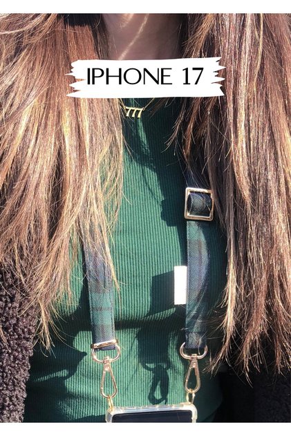 iPhone 17 Plaid Phone Strap Phone Case Dark Green Plaid Gold