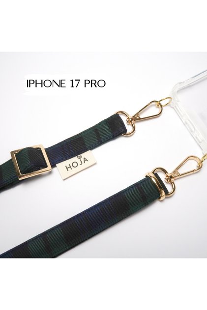 iPhone 17 Pro Plaid Phone Strap Phone Case Dark Green Plaid Gold