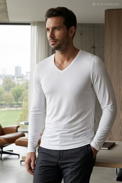 Bamboo V-Neck Men's Long Sleeve T-Shirt White
