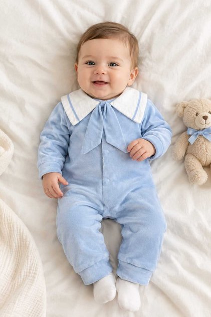 Baby Boy Blue Velvet Jumpsuit Sailor White Collar and Lace Detail Long Sleeve Baby Jumpsuit