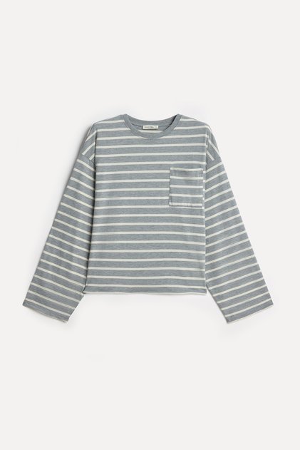 Kadın Gri Melanj Çizgili Loose Fit Bisiklet Yaka Sweatshirt