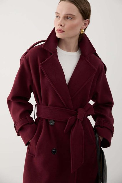XXL Butik kadın bordo ithal kumaş kaşe kaban NBMYLK26