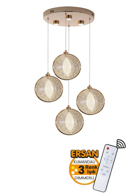 Boz 4'lü Gold Kumandalı 3 Renk Işık Özellikli Dimmerli Modern Sarkıt Led Avize Salon Mutfak Avize