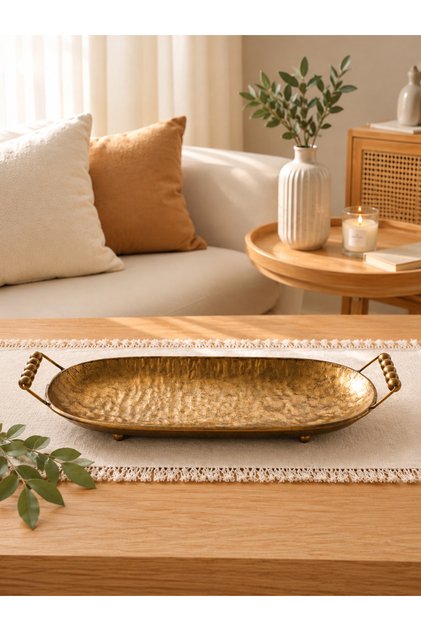 Dekoratif Tepsi, Eskitme Pirinç Dövme Dokulu Oval Tepsi