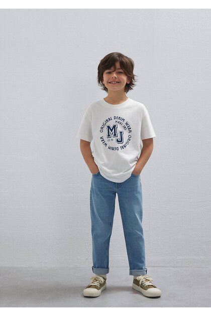 Mj Logo Printed Ecru T-Shirt Loose Fit / Comfortable Loose Cut 6610395-70057