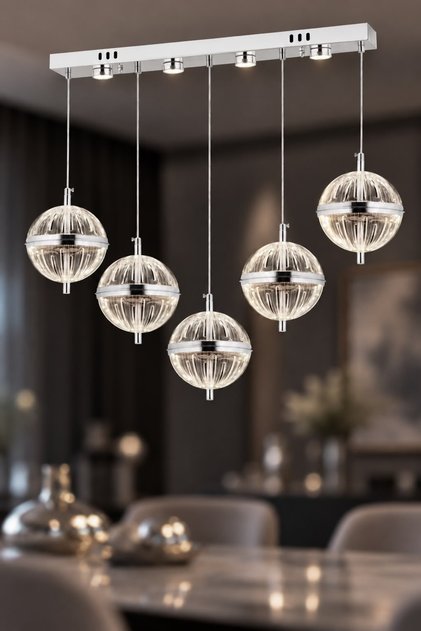 Küre 5'li Yemek Masası Gümüş 3 Renk Led Modern Ledli Avize