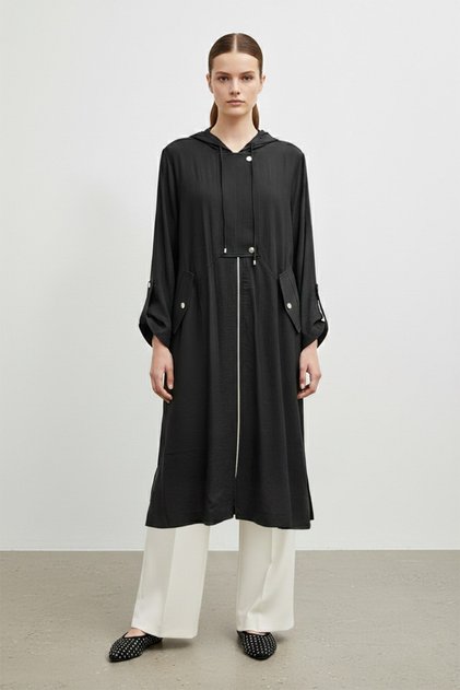 Hooded Drawstring Detailed Long Coat-15254 Black