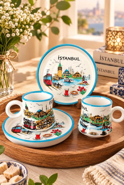Sunart Istanbul Themed Turkish Coffee Cup Set with Round Plate for 2 People