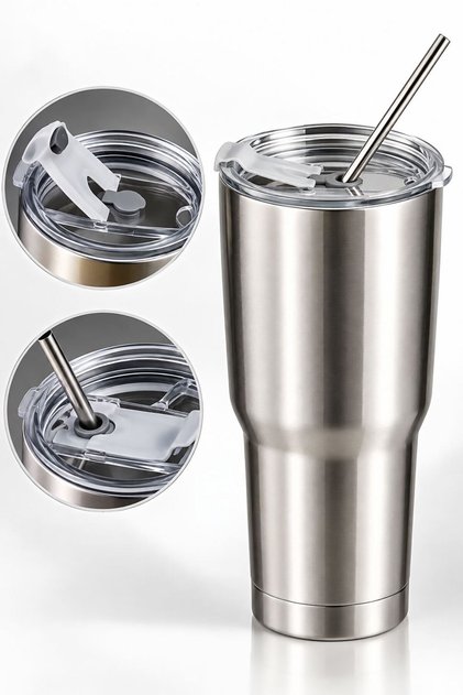 304 Steel 900ml Single Lid Dual Use Cold Drink Hand Thermos Mug with Straw