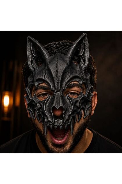 Halloween Siyah Renk Yarım Yüz Arkadan Lastikli Kurt Kafatası Wolf Skull Maskesi