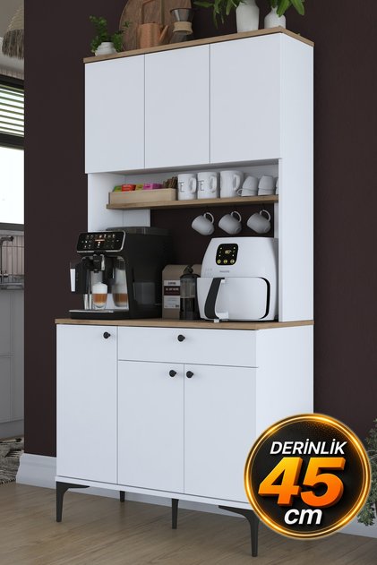 Rani JE196 Çok Amaçlı Dolap 6 Kapaklı 1 Çekmeceli Kiler Mutfak Dolabı Sepet Ceviz - Beyaz