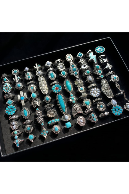 Mix Size16-20mm 6Pieces Mix Style 6/8/12/24Pieces Retro Bohemian Turquoise Rings Set For Women Mix S