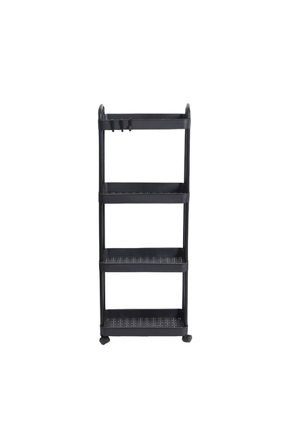 4 Tiers Black Plastic Rolling Utility Cart with Handle Storage Trolley for Office, Living Room, Kitc