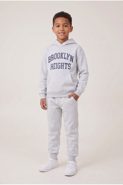 Boy's Thick Ribbed Hooded Printed Tracksuit Top and Bottom Set