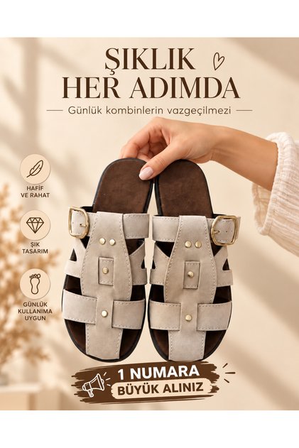 Women's Beige Suede Gold Buckle Slippers Daily Comfortable Non-Slip Sole Summer Stylish Sandals