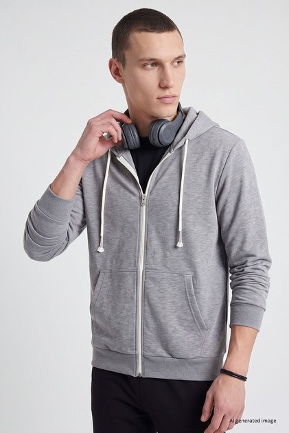 Gray Melange Standard Fit Basic Zippered Men's Sweatshirt - 88514