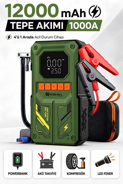 4in1 Akü Takviye Cihazı Powerbank Özellikli Çantalı Oto Kompresör 12.000 Mah Oto Hava Kompresörü