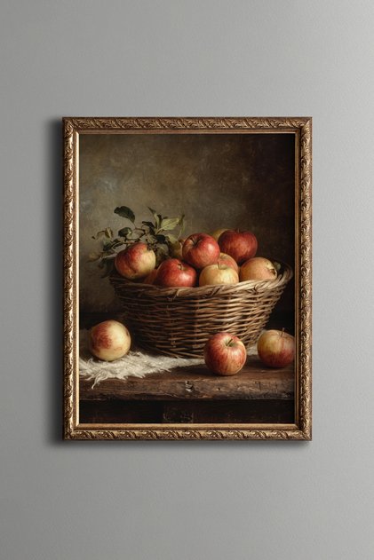 Red and Yellow Apples in a Wicker Basket - Vintage Patterned Painting - Fine Model
