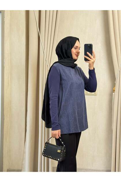 3041 Yanı Fermuarlı Kupra Detay Merserize Tunik Lacivert