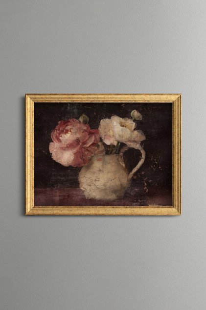 Pink and White Roses in a Small Jug - Vintage Patterned Painting - Fine Model