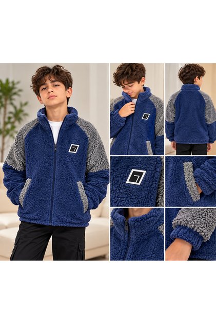 Erkek Çocuk Peluş Polar Mont Fermuarlı Cepli Mavi Gri 11-15 Yaş