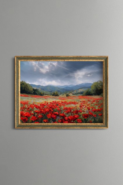 Red Poppy Field in the Mountain Landscape - Vintage Patterned Painting - Fine Model