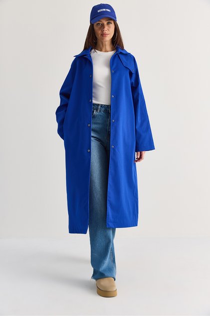 Women's Saks Lined Stand Collar Pocket Detailed Snap Closure Long Trench Coat 2855 60286592