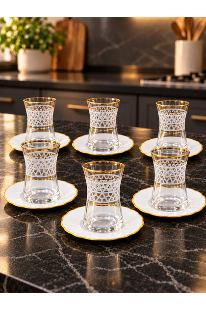 12 Piece Glass Tea Set-Gold-White Print