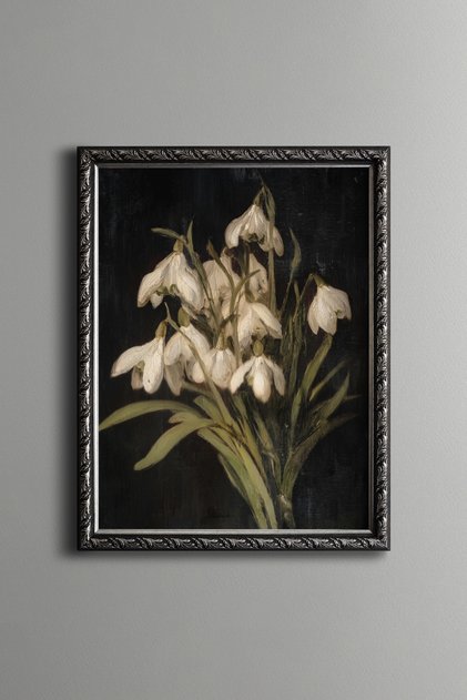 White Snowdrops on a Dark Background - Vintage Patterned Painting - Fine Model