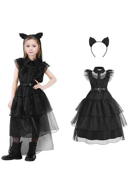 Costum de Halloween pentru fete, pentru petreceri tematice sau carnaval, include rochie, coroană și curea, 120-130 cm, Negru