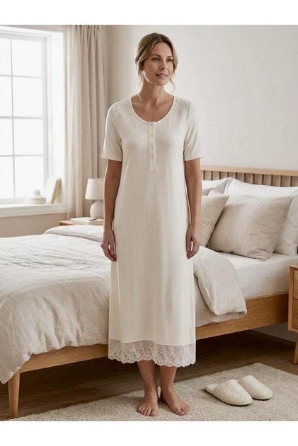 Rm 15256 Scalloped Half Sleeve Half Button Long Nightgown