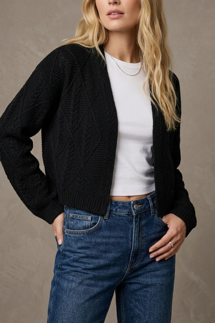 Women's Oversize Draped Patterned Cropped Knitwear Basic Cardigan