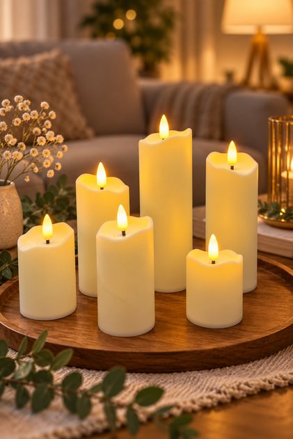 6’lı LED Mum Seti 8-11-12-14-16-18 cm x 5 cm Pilli Dekoratif Mum Sıcak Sarı Işıklı Hareketli Alev Efektli Salon Masa Düğün Nişan Organizasyon Mumu