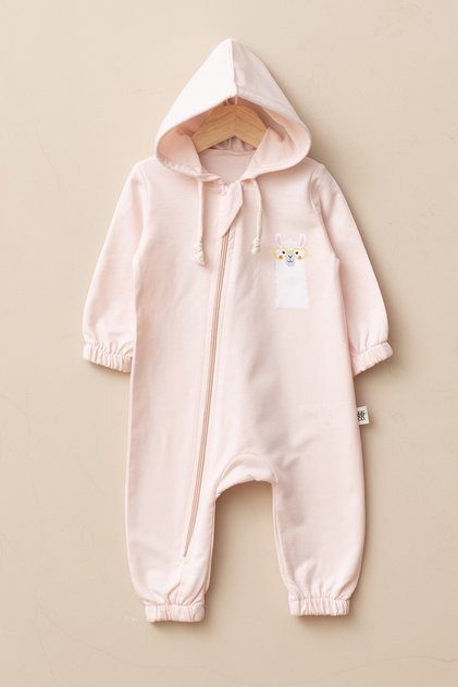 Unisex Baby Pink Lama Printed 2 Thread Hooded Zippered Jumpsuit