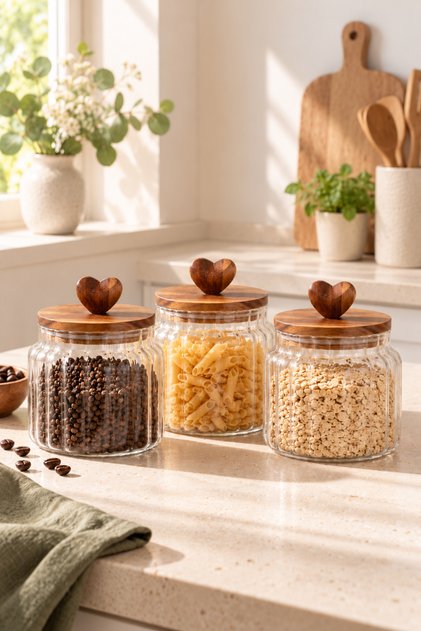 Glass Jar with Heart Handle and Acacia Wood Lid 16 cm – Transparent Storage Jar Set with Wick