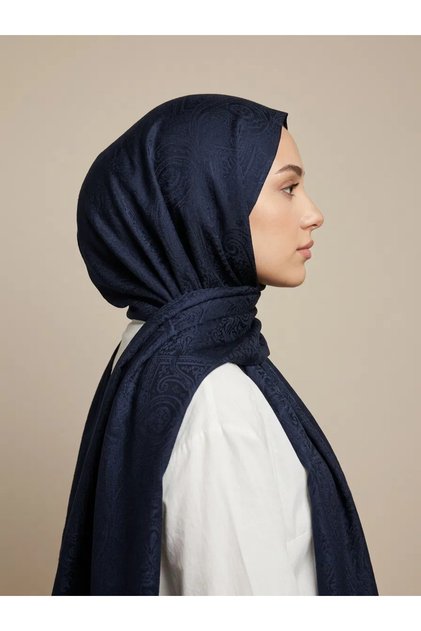 ETNİK MONOGRAM DESEN PAMUKLU JAKAR ŞAL LACİVERT RENGİ