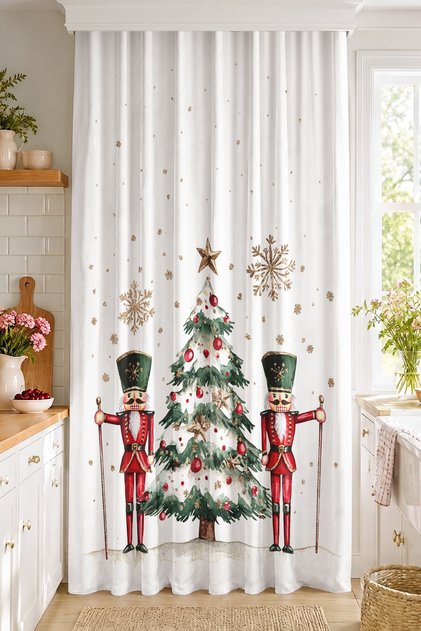 Digital Printed Single Wing Background Curtain with Christmas Pine Tree and Nutcracker Soldier Figures (Throw Pillow Cover H)