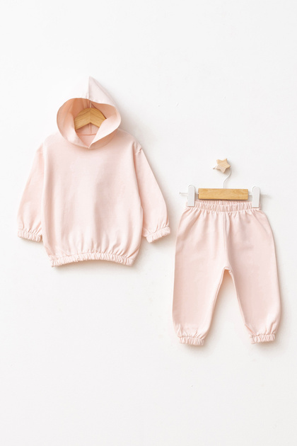 100% Cotton Unisex Oversize Comfortable Fit Children's Hooded Tracksuit Set with Elastic Waist and Cuffs and Printed Back