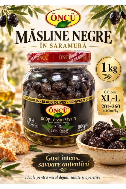 Măsline negre în saramură, calibru XL–L 201–260, 1 kg