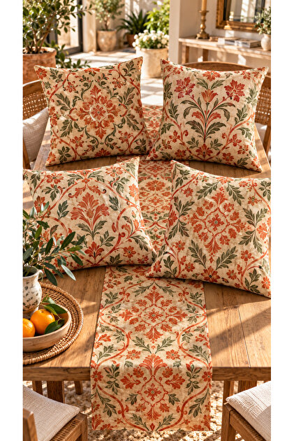 Anadolu Elegance 4-Piece Throw Pillow Cover + 1 Runner Set – 43X43 cm Double-Sided Cover, 40X140 cm Runner