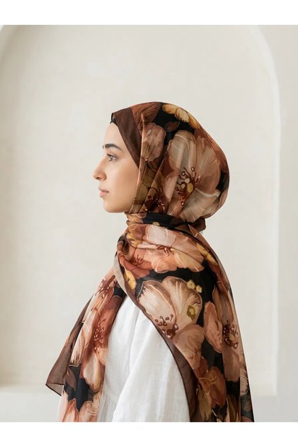 Flower-Patterned Cotton Soft Shawl Spring Series Brown Color
